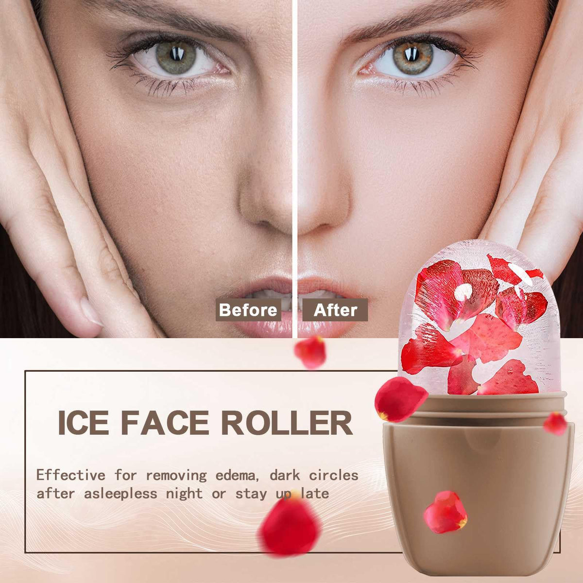 XHJRI Ice Face Roller Massager with ice cube in silicone mold