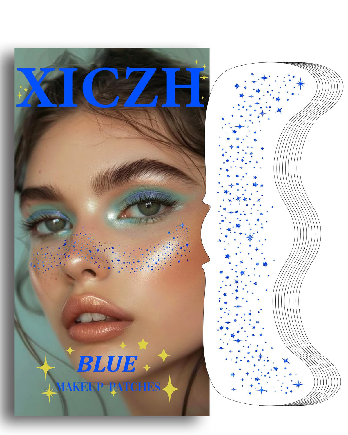 XICZH Face Glitter blue temporary tattoos front view