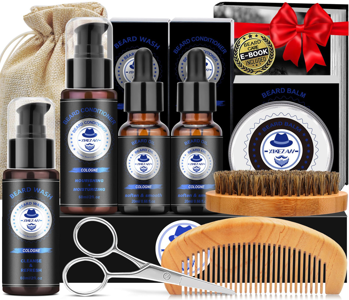 XIKEZAN Beard Grooming Kit front view with cologne and grooming tools