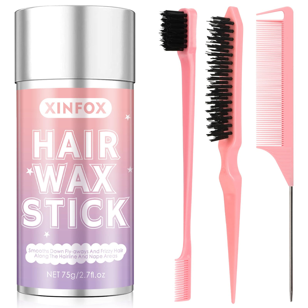Xinfox Hair Wax Stick Set including edge brush and comb in pink