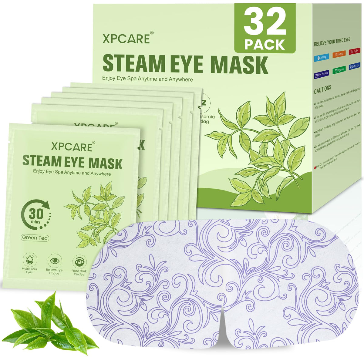 XPCARE 32 Pack Steam Eye Mask Green Tea front view