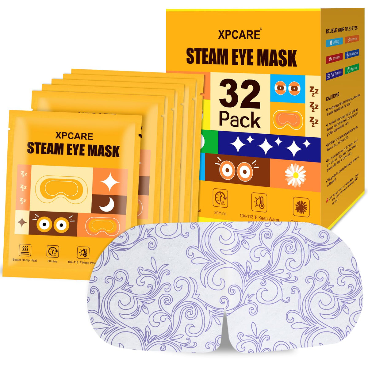 XPCARE Steam Eye Mask 32 Pack front view with chamomile scent