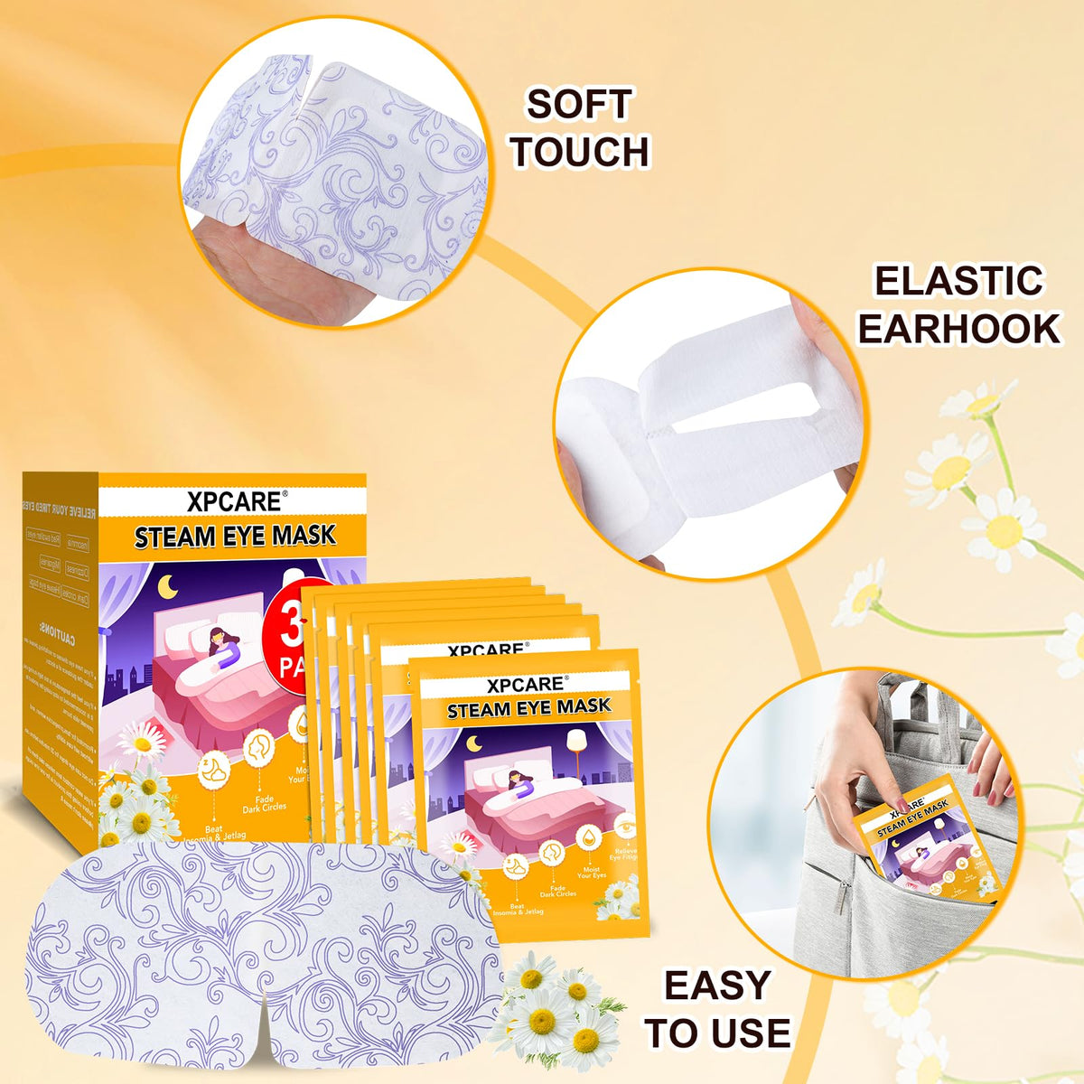 XPCARE Steam Eye Mask displayed with chamomile flowers