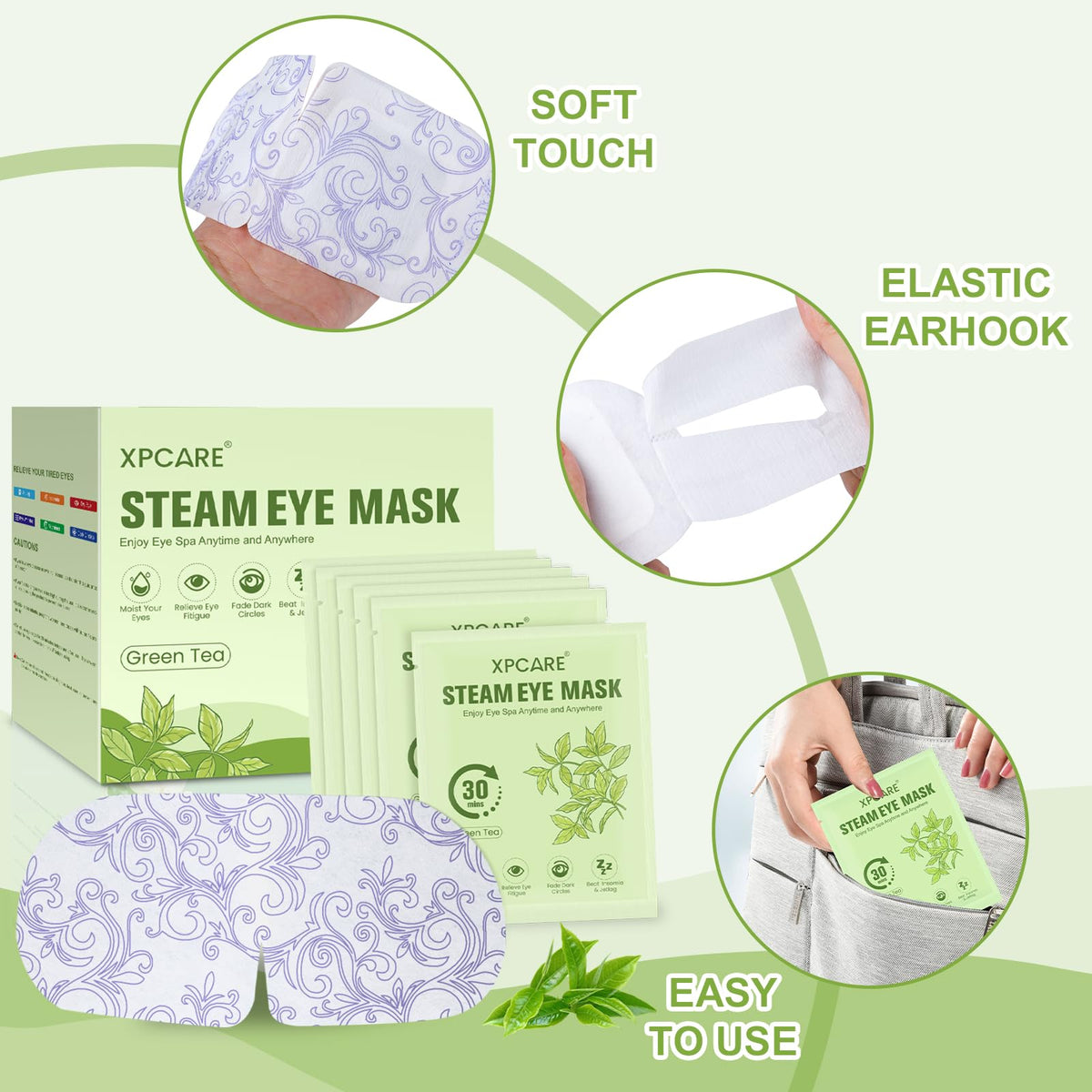 XPCARE Steam Eye Mask packaging with green tea design