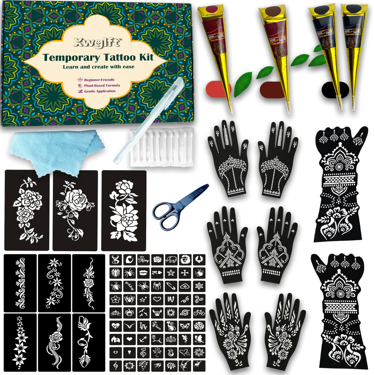 XWGLFT 80 PCS Temporary Tattoo Kit with stencils and cones