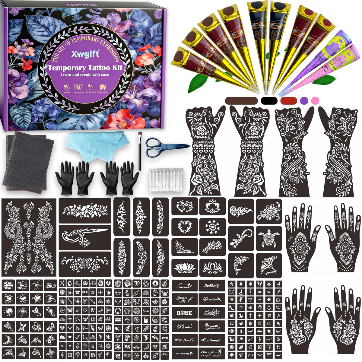 XWGLFT Temporary Tattoo Stencils Kit with 245 designs and cones