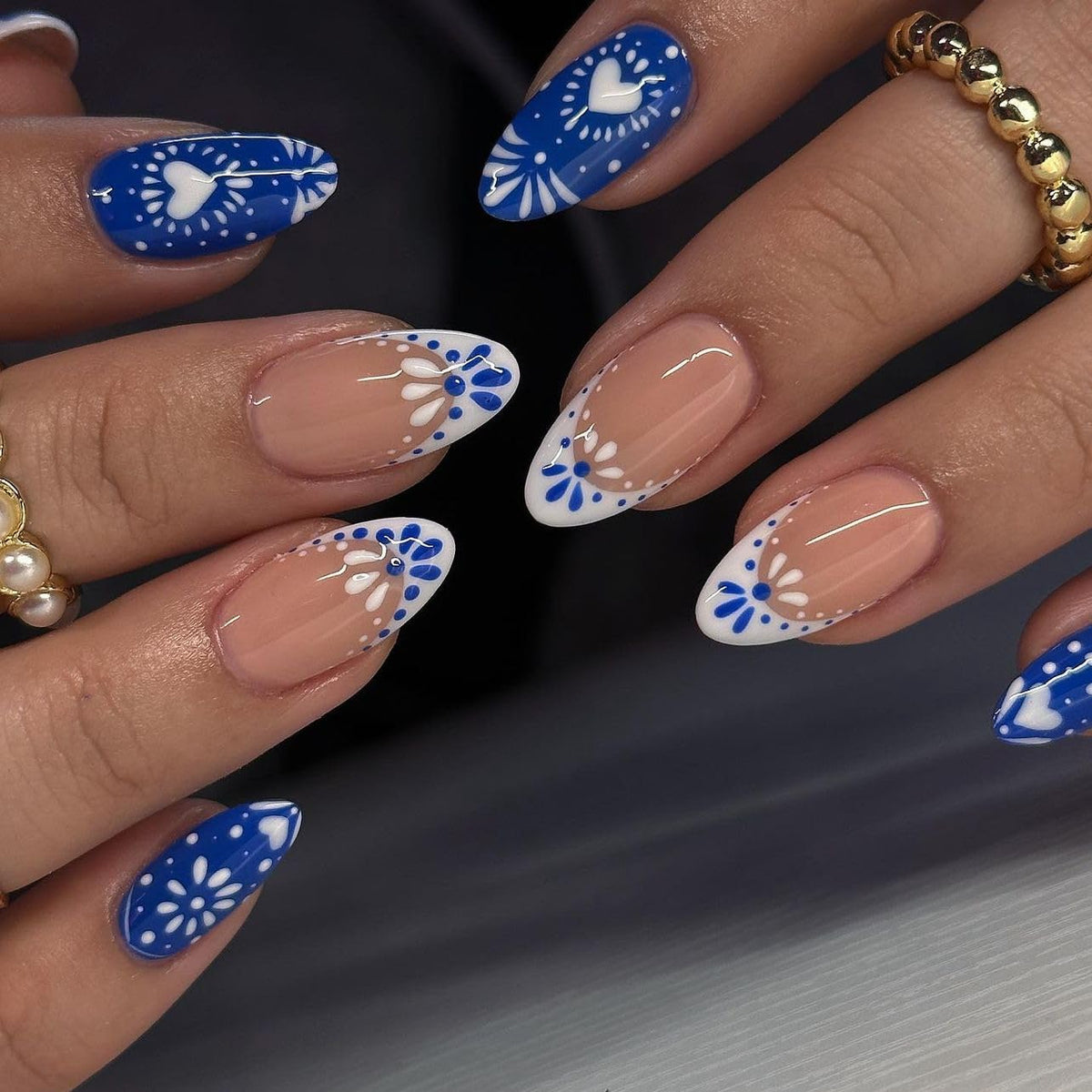 XZMeiLun Blue French Tips Press On Nails Short Almond front view