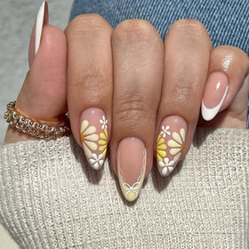XZMeiLun Floral Press-On Nails Kit front view with yellow flower designs