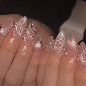 XZMeiLun Pearl Charms Cat Eye Press On Nails kit with 3D Gold Line design