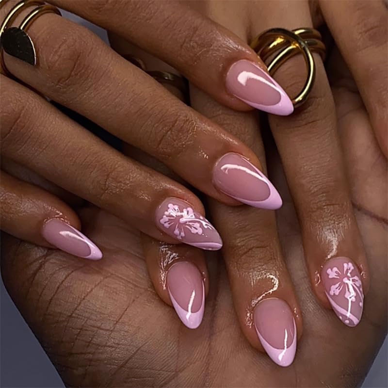 XZMeiLun Pink French Tip Press On Nails front view with floral design