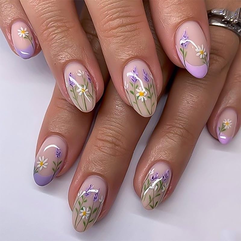XZMeiLun Press On Nails Lavender floral design front view