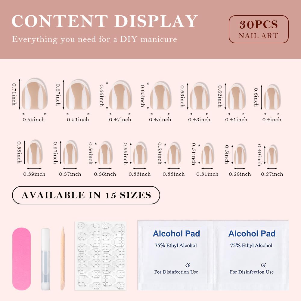 XZMeiLun Press On Nails Short Round Chrome French Tip Kit with wooden cuticle stick