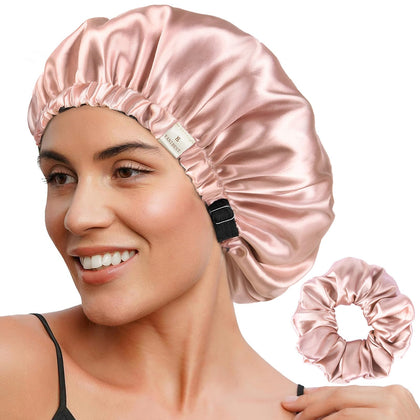 YANIBEST Adjustable Satin Bonnet in Blush Pink front view