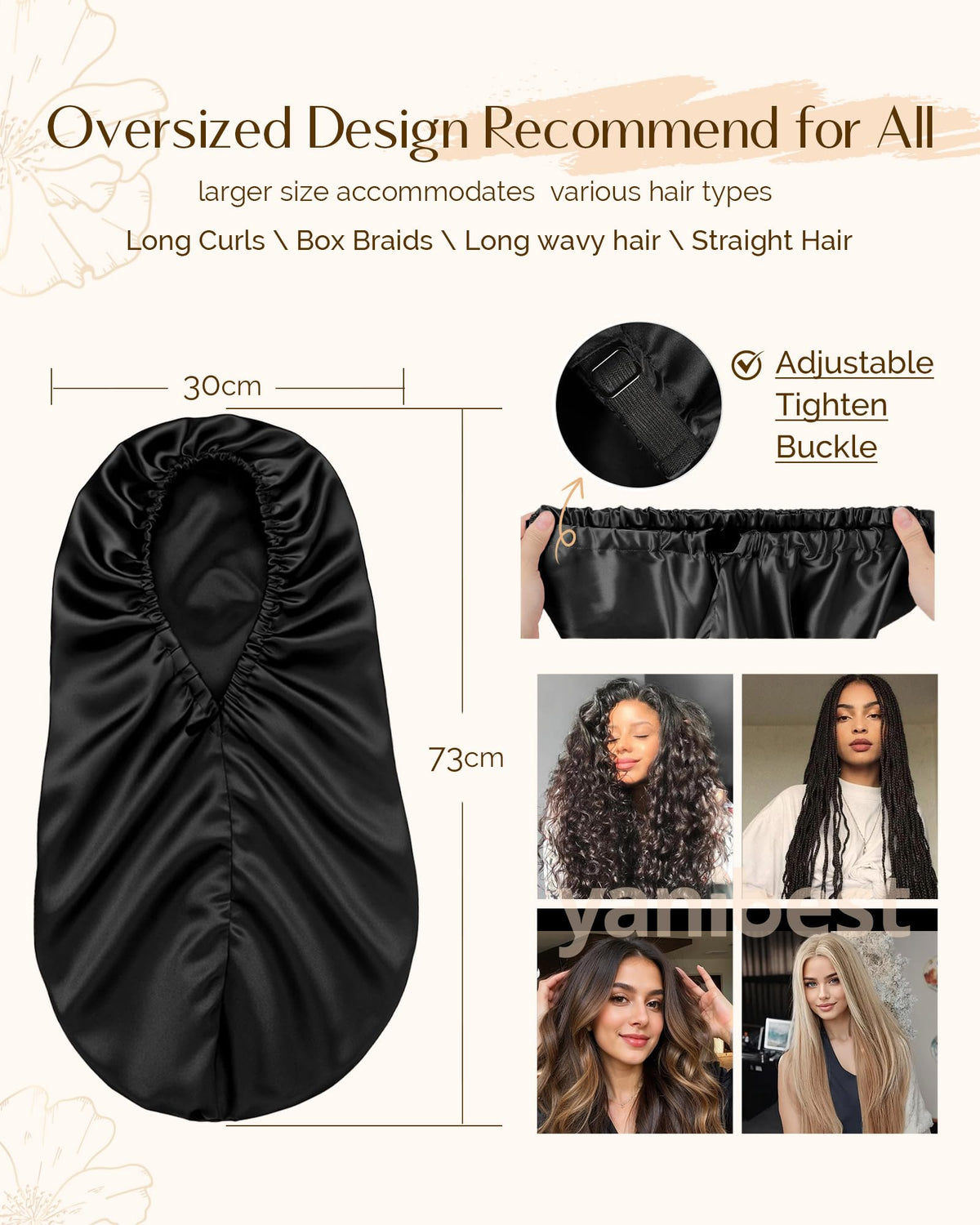 YANIBEST Adjustable Satin Sleep Bonnet worn by a model