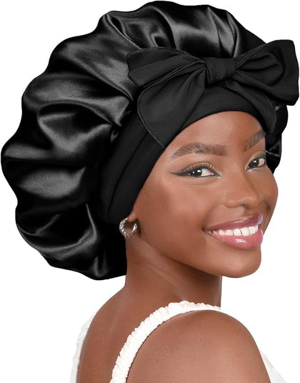 YANIBEST Adjustable Soft Satin Bonnet front view in black