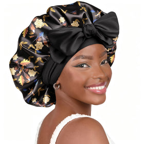 YANIBEST Adjustable Soft Satin Bonnet front view in black