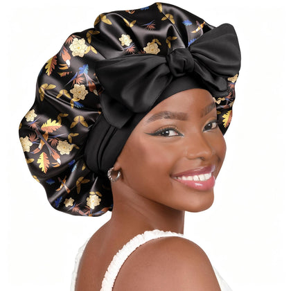 YANIBEST Adjustable Soft Satin Bonnet front view in black