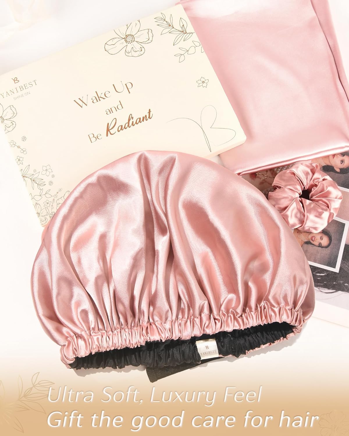 YANIBEST Satin Bonnet in a lifestyle setting with hair care products