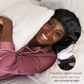 YANIBEST Satin Bonnet worn by a model with curly hair
