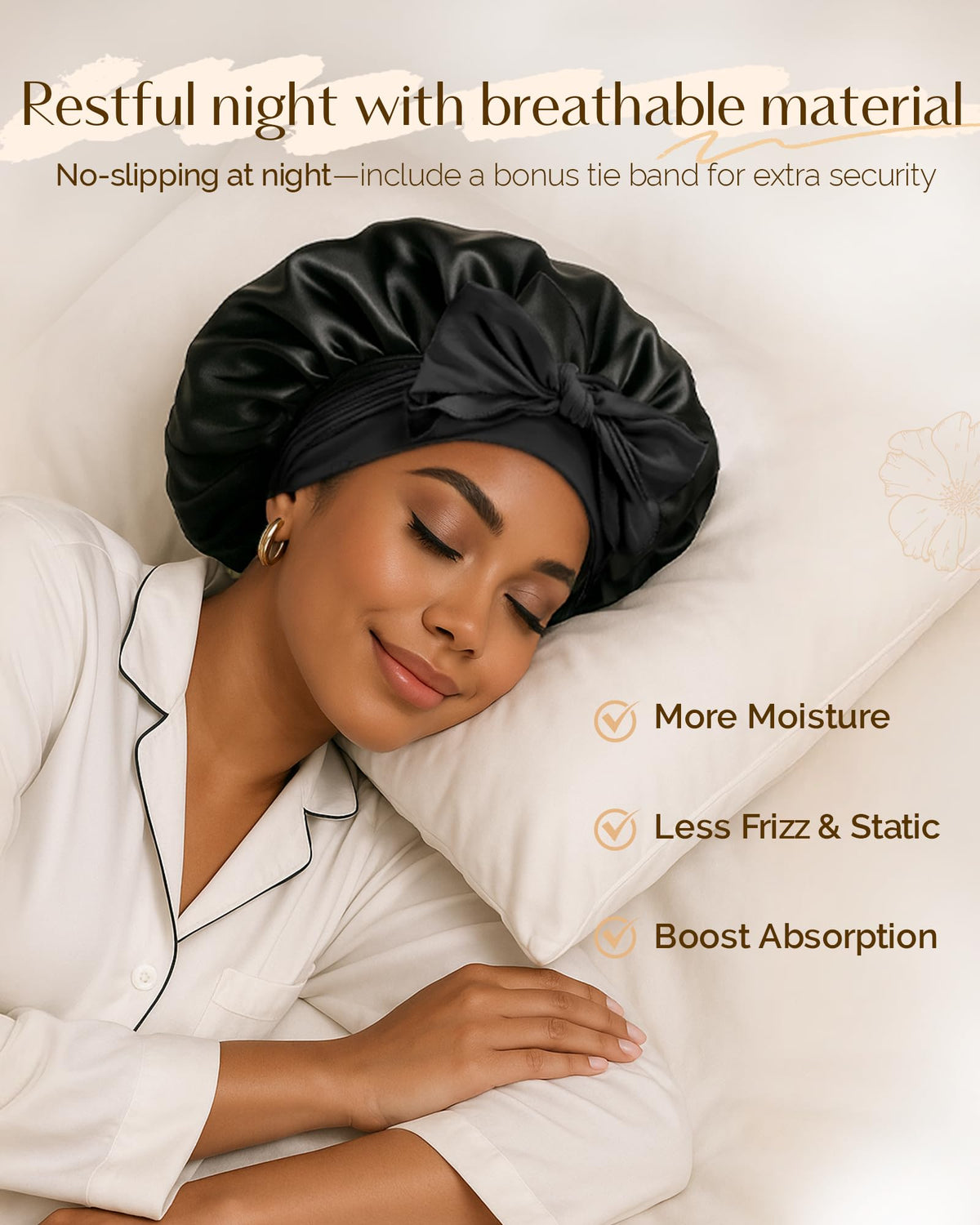 YANIBEST Satin Bonnet worn by a woman during sleep