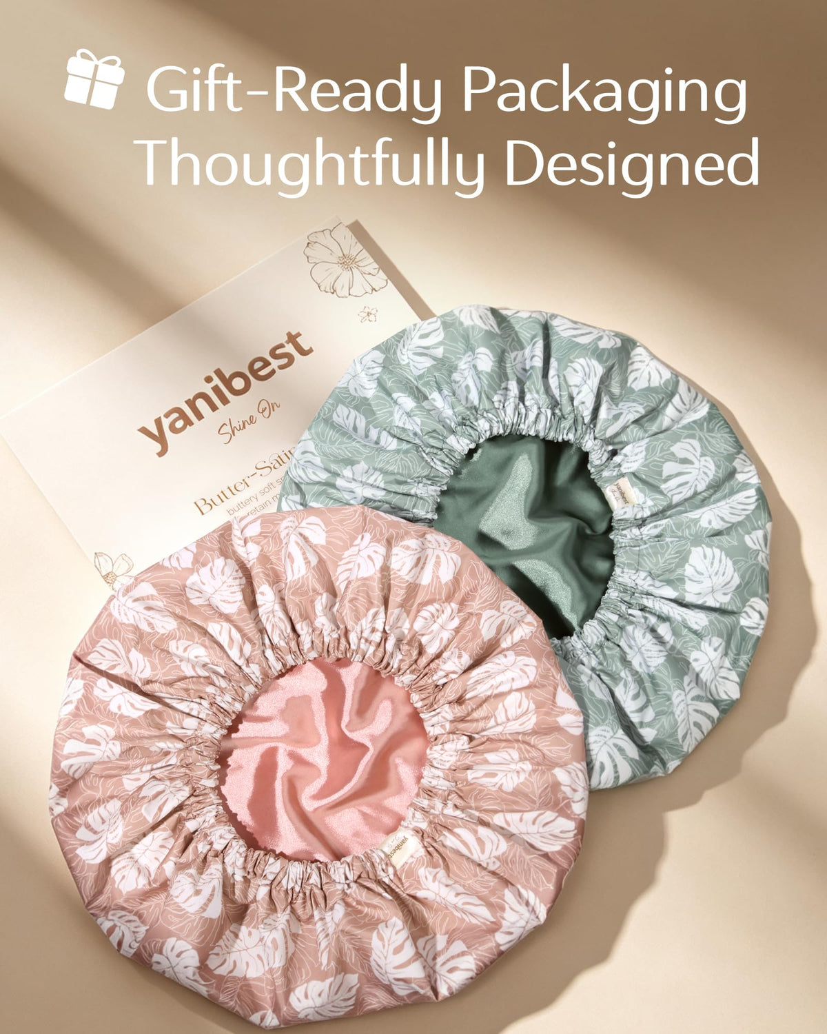 YANIBEST Satin Lined Shower Cap displayed with various hairstyles