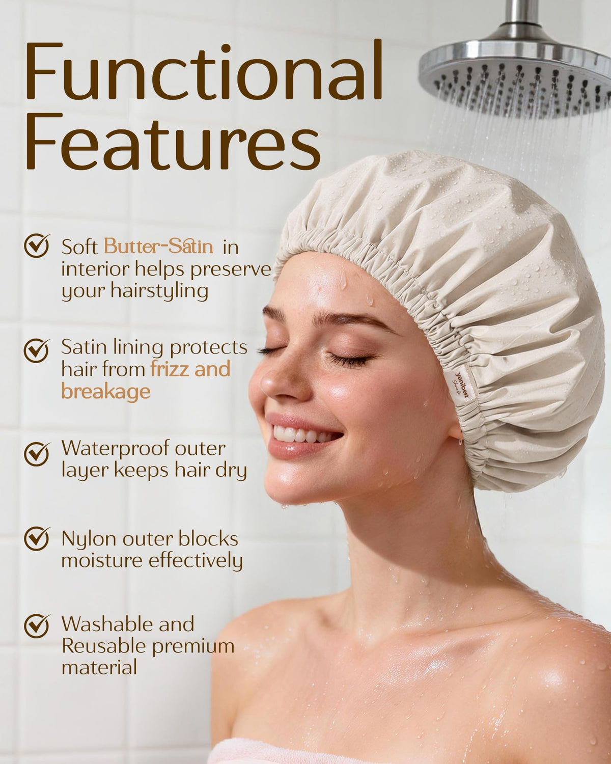 YANIBEST Satin Lined Shower Cap in Beige color on a bathroom counter