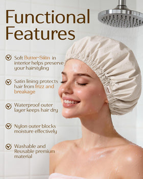 YANIBEST Satin Lined Shower Cap in Beige color on a bathroom counter