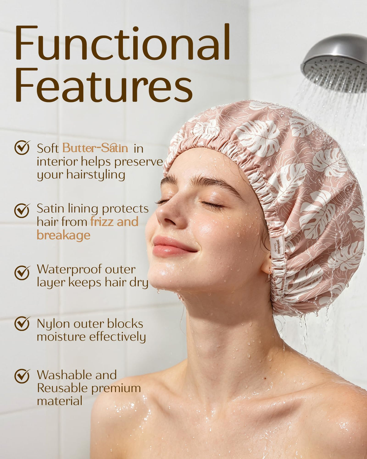 YANIBEST Satin Lined Shower Cap in Beige colour front view