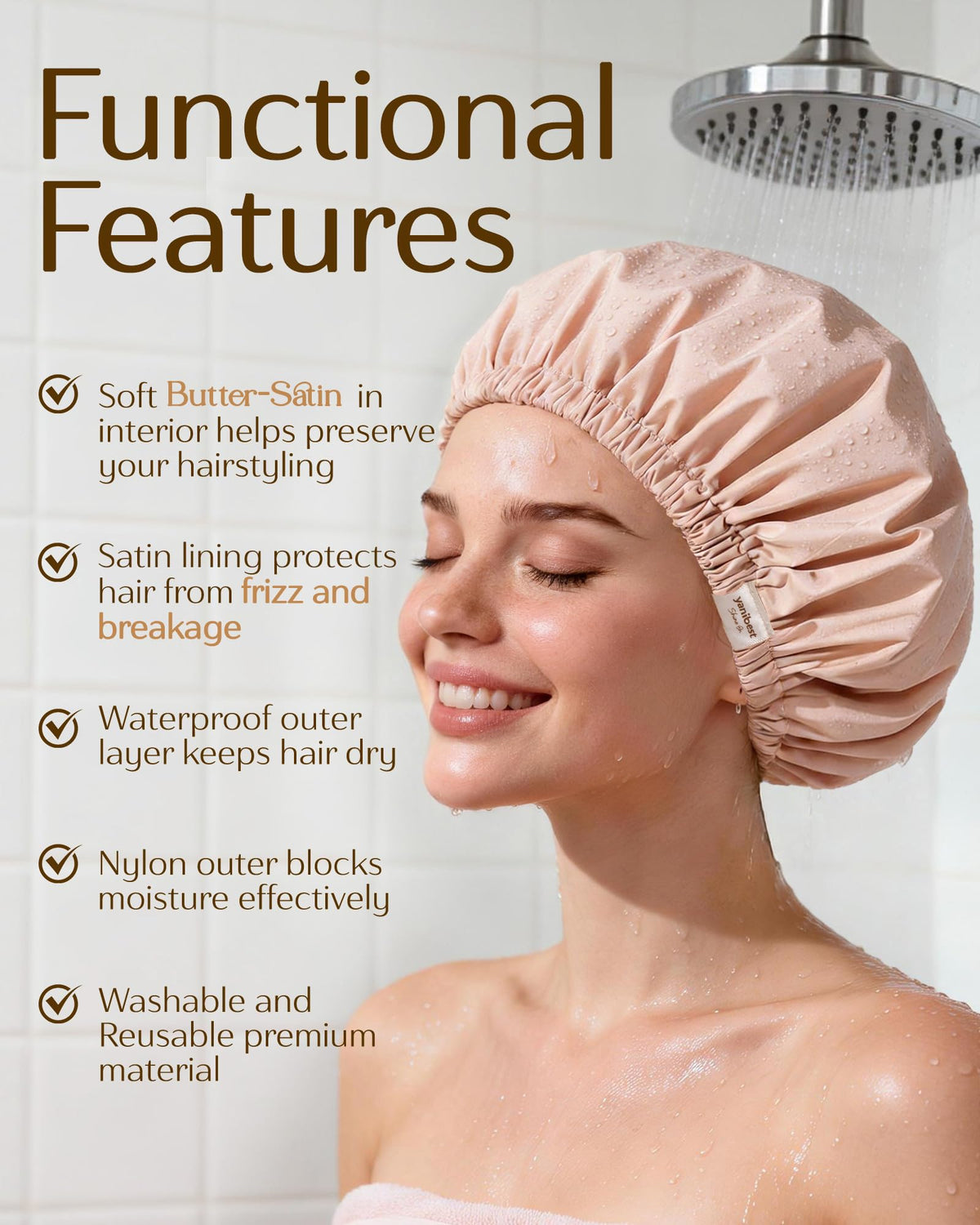 YANIBEST Satin Lined Shower Cap in Beige displayed on a bathroom shelf