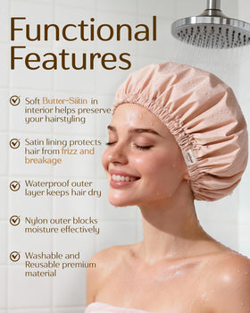 YANIBEST Satin Lined Shower Cap in Beige displayed on a bathroom shelf