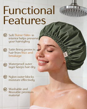 YANIBEST Satin Lined Shower Cap in Beige on a bathroom shelf