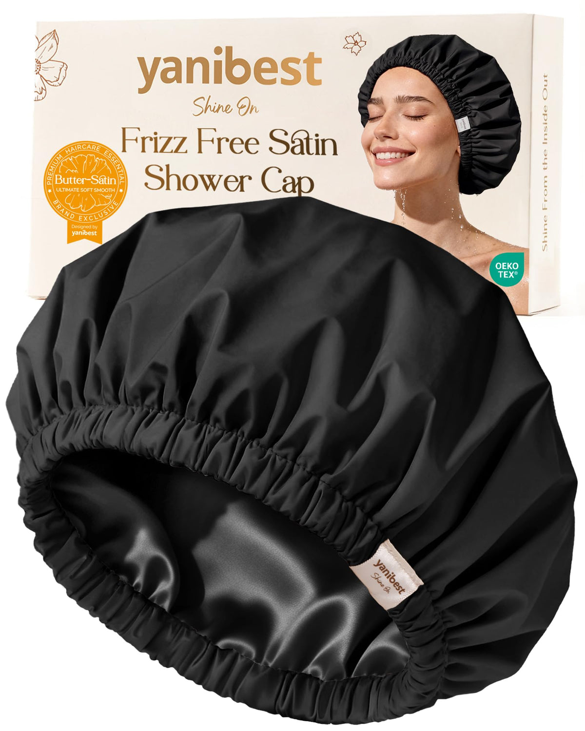 YANIBEST Satin Lined Shower Cap in Black color front view