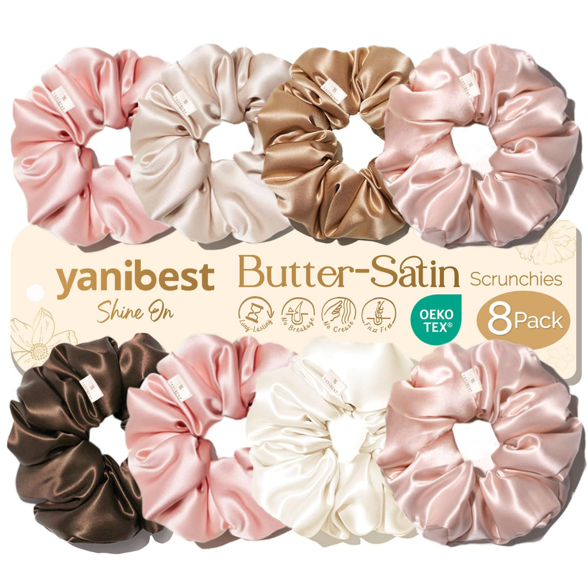 YANIBEST Satin Scrunchies 8 pcs in assorted colours front view