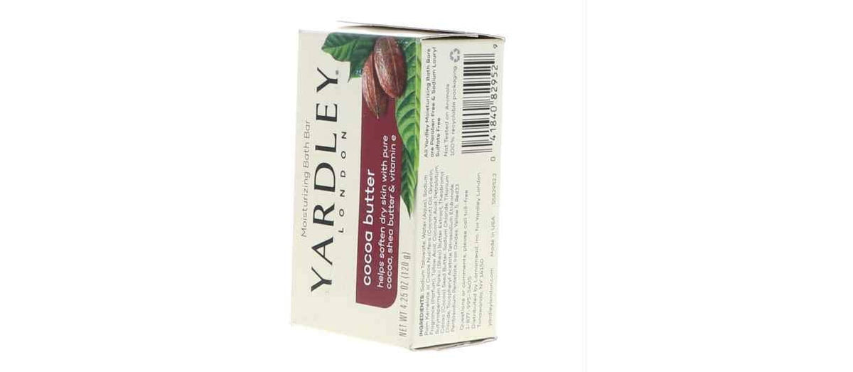 Yardley Cocoa Butter Moisturizing Bar on a wooden shelf