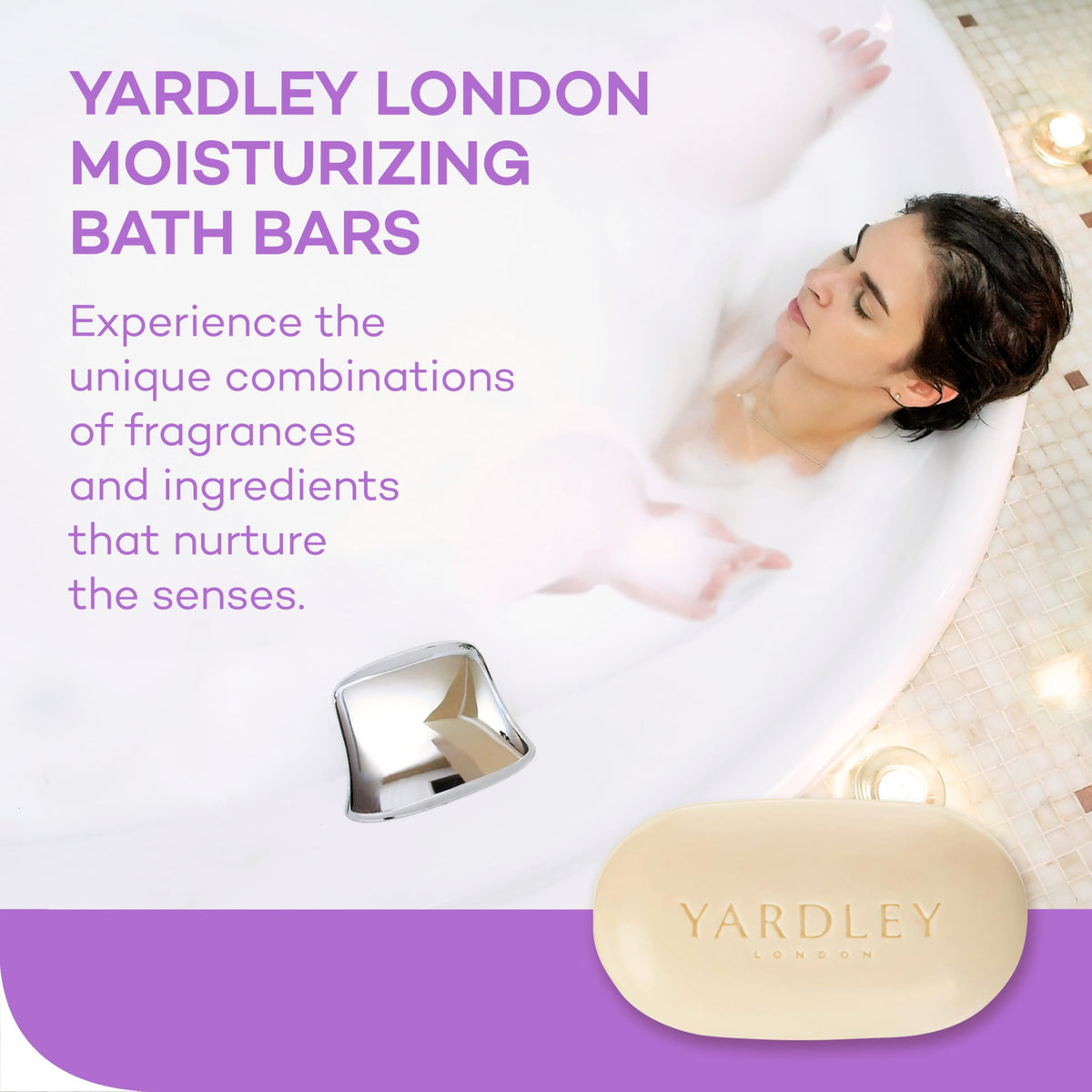Yardley English Lavender Bar Soap displayed with lavender flowers