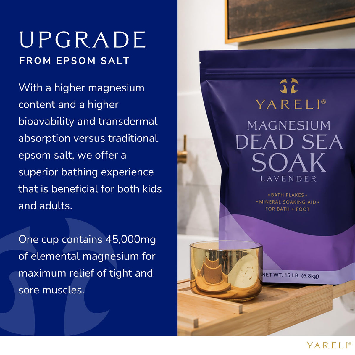 YARELI Magnesium Flakes displayed with bath accessories