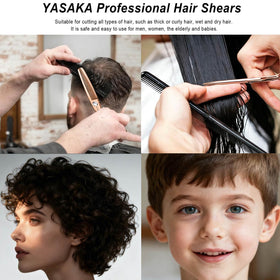 YASAKA thinning shears displayed on a wooden table