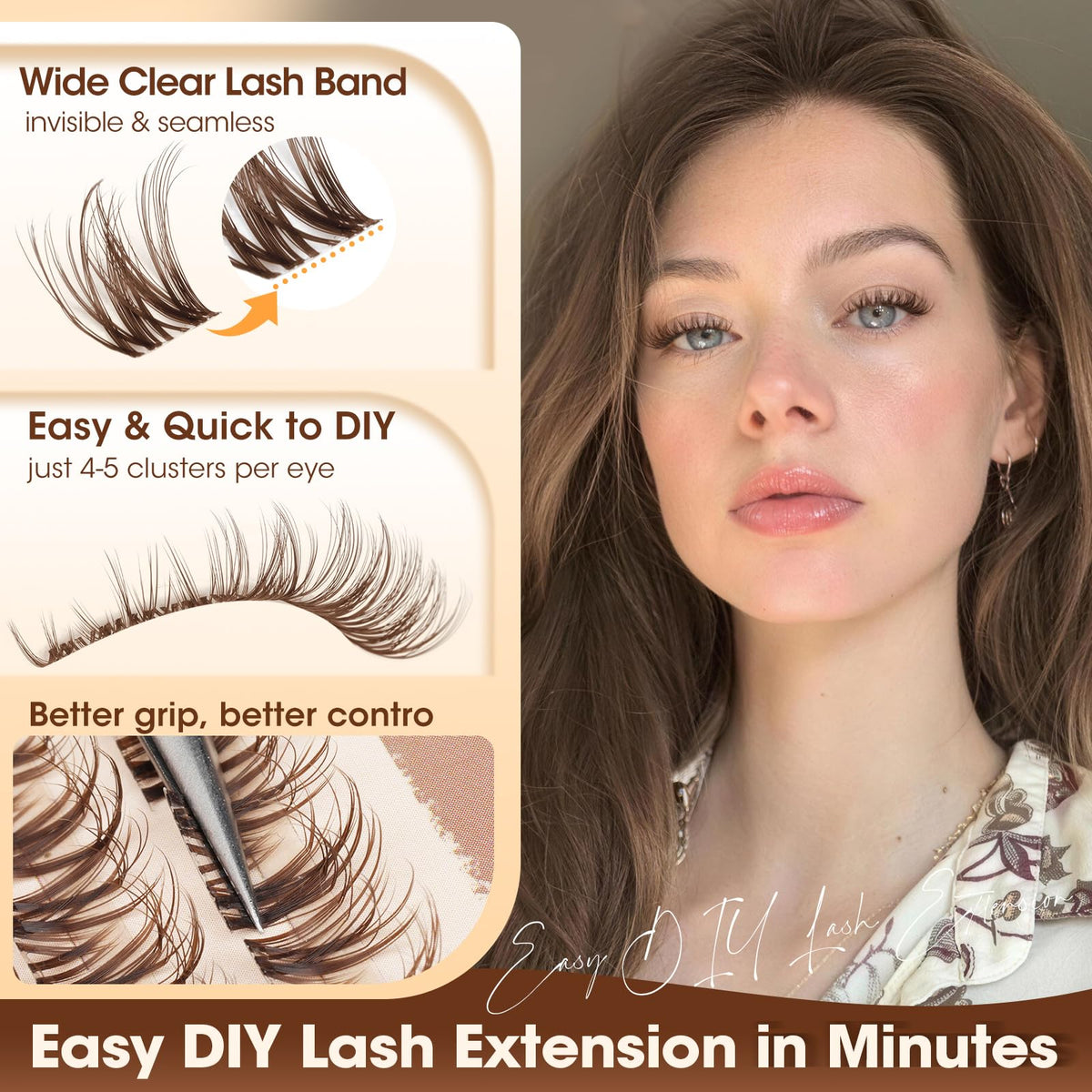 Yawamica brown lash clusters displayed with makeup tools