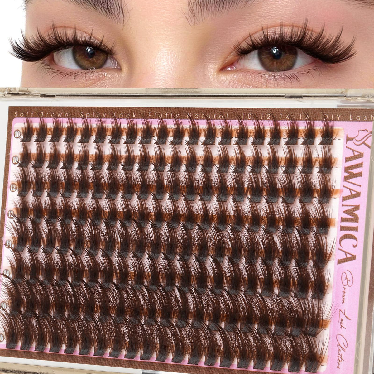 Yawamica Brown Lash Clusters front view with mixed lengths