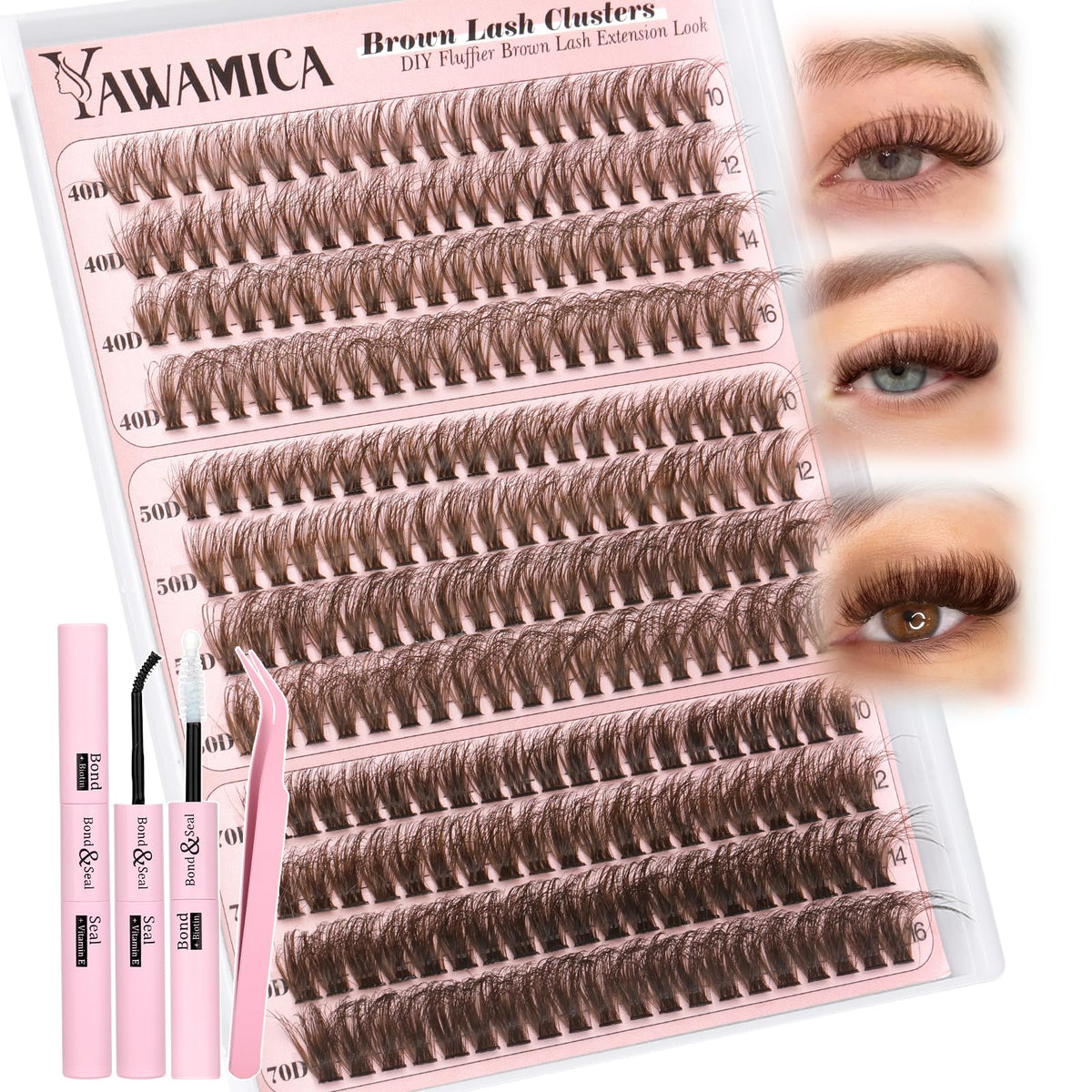 Yawamica Brown Lash Clusters Kit packaging with 240pcs lashes