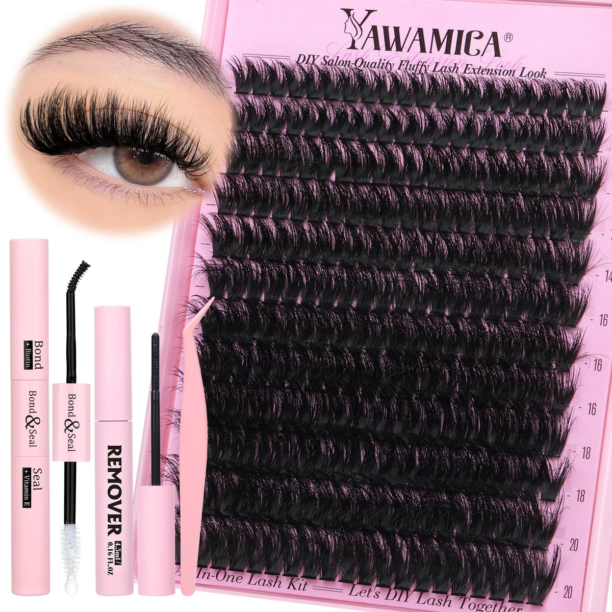 Yawamica Fluffier Lash Clusters Kit with bond and seal components