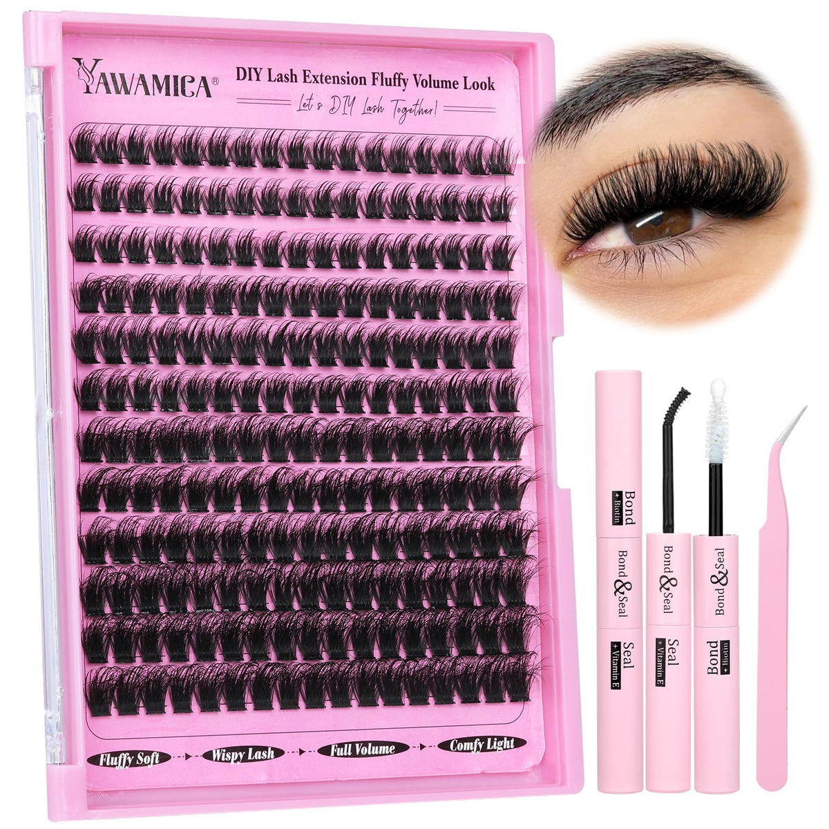 Yawamica Fluffier Lashes Clusters Kit front view with lash clusters and tools