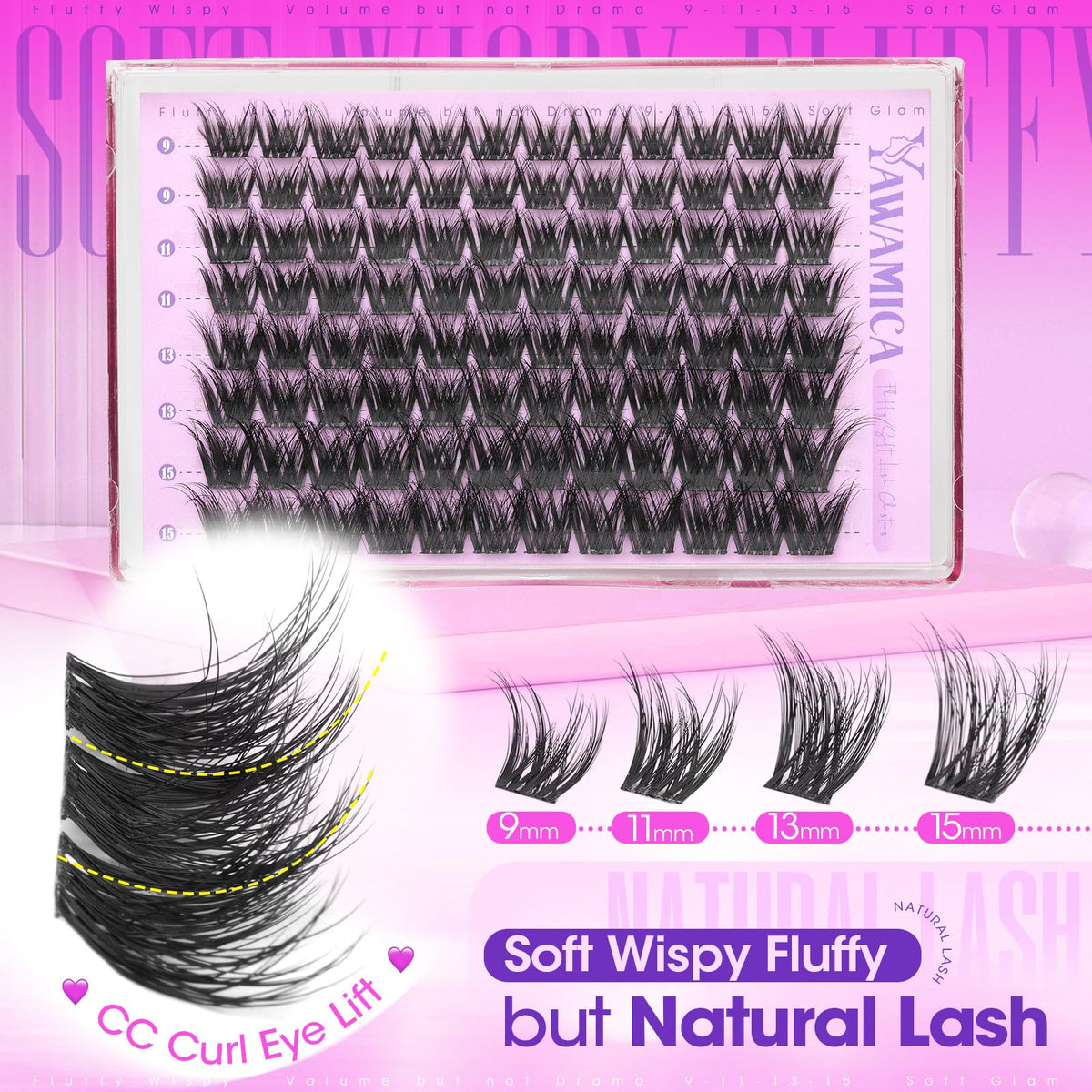 Yawamica Fluffy Lash Clusters in packaging with clear label