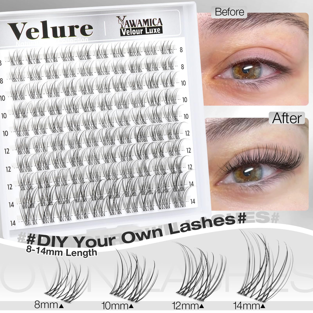 Yawamica lash clusters applied on model's eyes