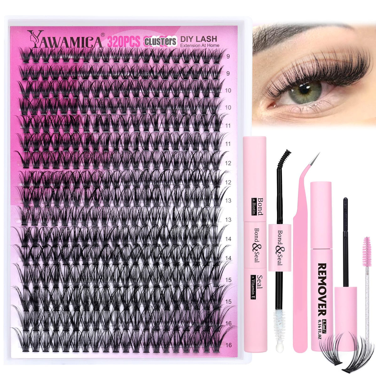Yawamica Lash Clusters Kit 320pcs with bond and seal included
