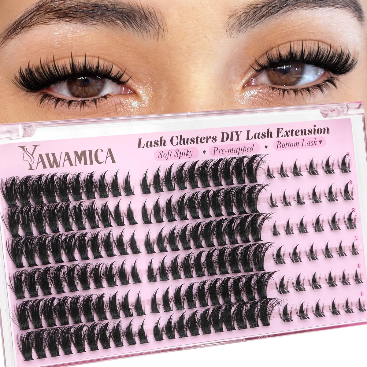 Yawamica Pre-Mapped Lash Clusters front view with packaging