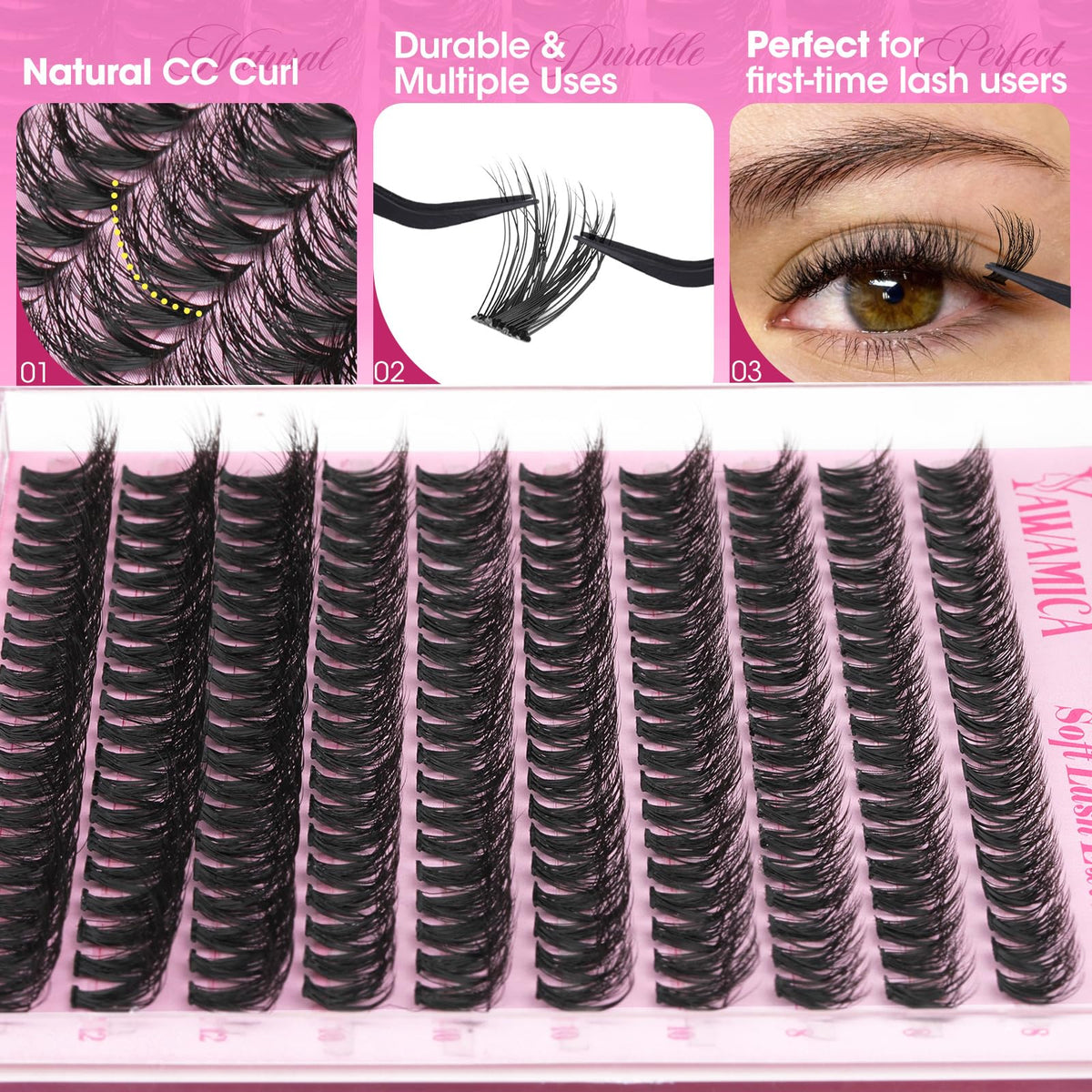 Yawamica Short Lash Clusters 8-12mm length comparison