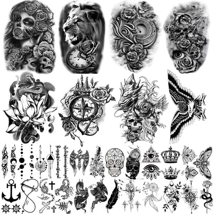 Yazhiji 32 Sheets Temporary Tattoos front view with various designs