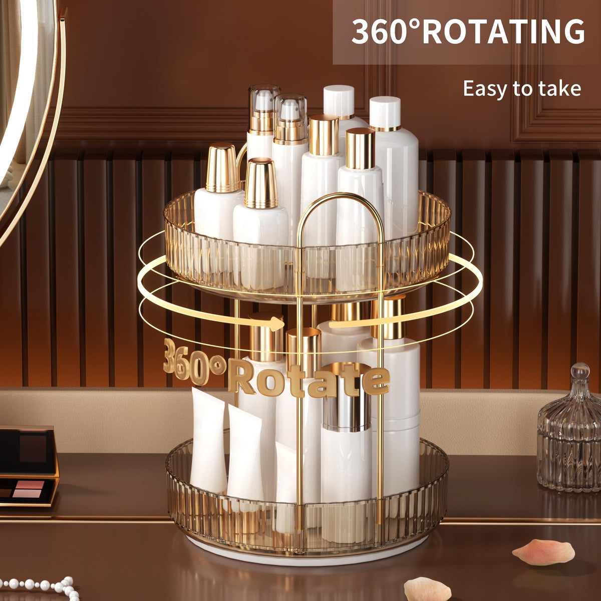 YCIA&DONE 360 Rotating Makeup Organizer Amber Gold with cosmetics