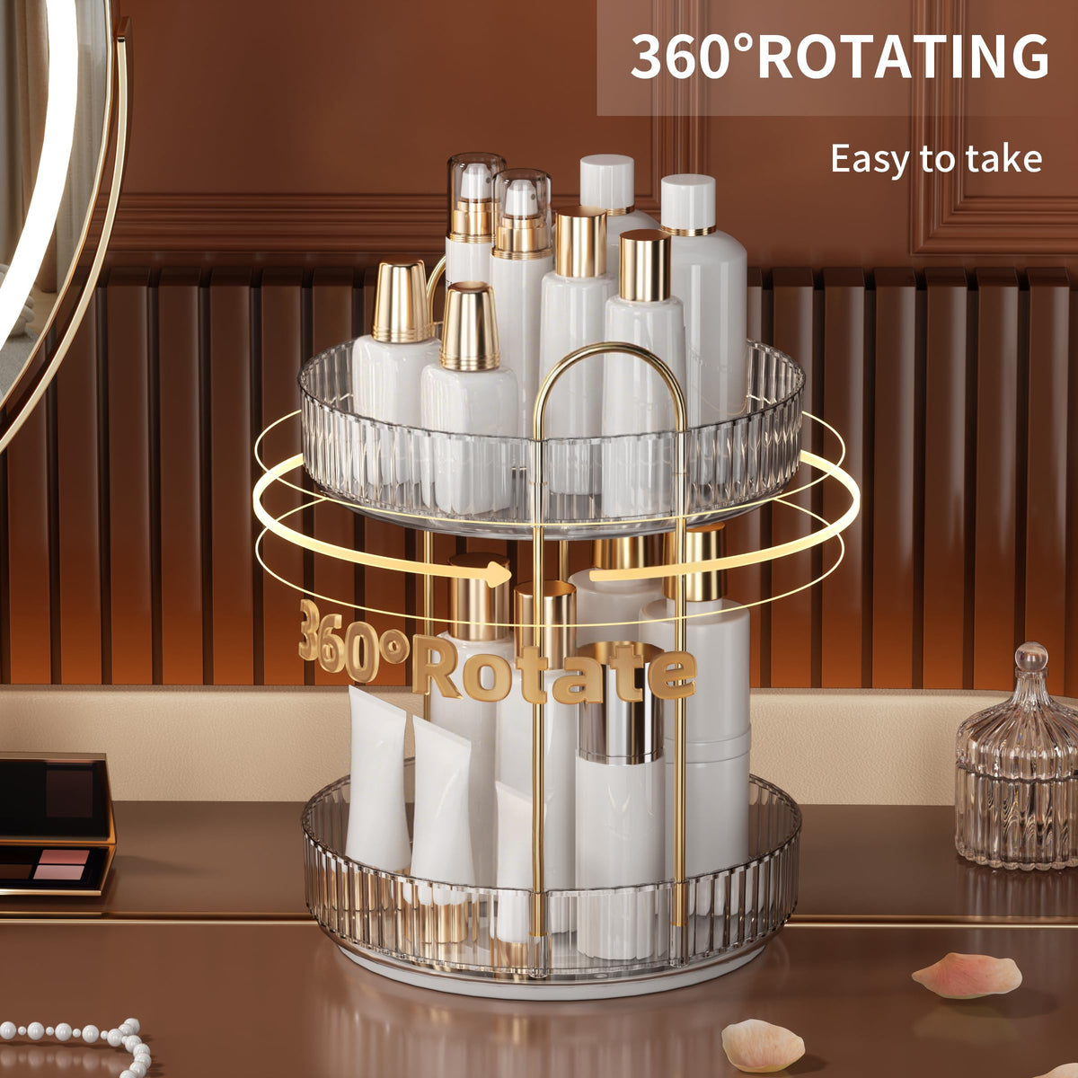 YCIA&DONE 360 Rotating Makeup Organizer clear white with cosmetics